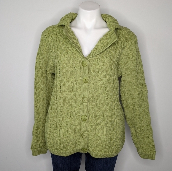 Aran Crafts green 100% merino wool cable knit button up cardigan sweater S - Picture 1 of 8